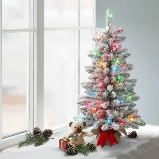 3ft. Pre-Lit Flocked Artificial Fraser Fir Christmas Tree, Multicolor Lights {4}