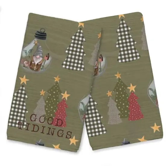 Good Tidings Green Tree & Globe Pattern Tea Towel Set {1}