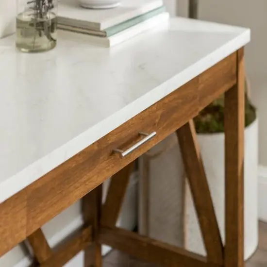 Walker Edison 46" Natural Walnut/Faux White Marble A Frame Wood Computer Desk with Drawer {6}