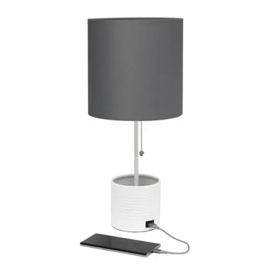 Simple Designs 18.5" Hammered Metal Container Base Table Lamp with USB Charging Port Gray/White {7}