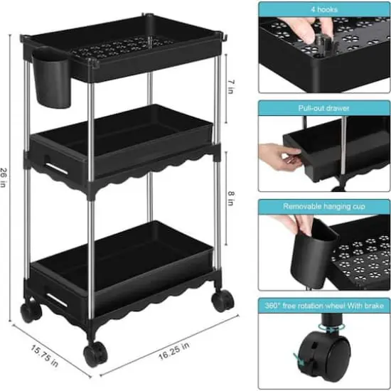 Black 3-Tier Utility Rolling Cart with Sliding Storage Drawer {3}