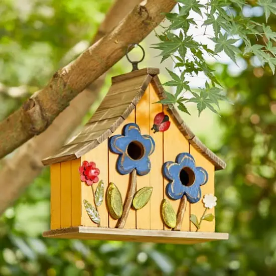 Glitzhome&reg; 10.5" Yellow Distressed Wood Birdhouse with Flowers {7}