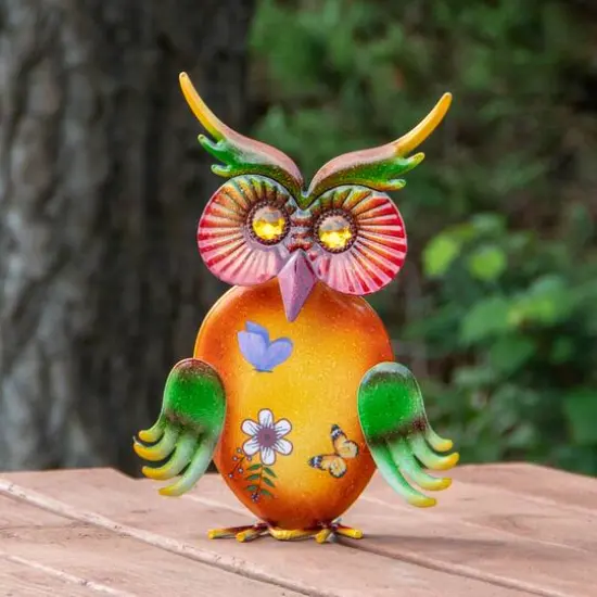 11" Orange and Green Metal Owl Outdoor Decoration {3}