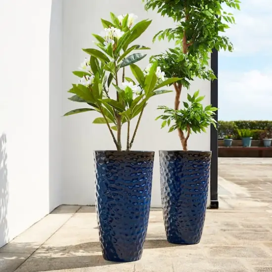 Glitzhome® 23.75" Eco-Friendly Honeycomb Textured Cobalt Blue Tall Plastic Planters, 2ct. {3}