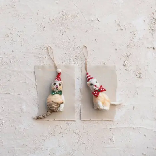 Hello Honey® Handmade Wool Felt Cat Ornament Set with Hat, Bow Tie & Embroidery {3}