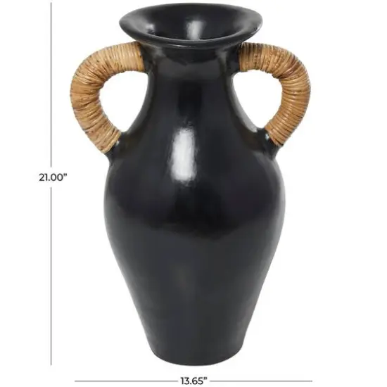 21" Black Ceramic Jug with Rattan Wrapped Handles {6}