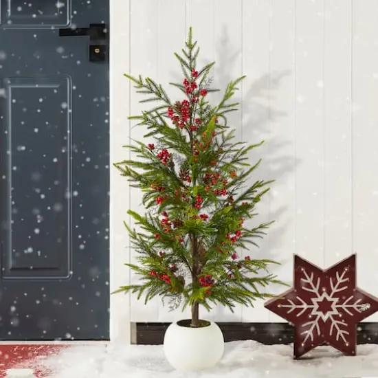 Glitzhome&reg; 37.5"H Chirstmas Greenery Pine Porch Tree with Berries {4}