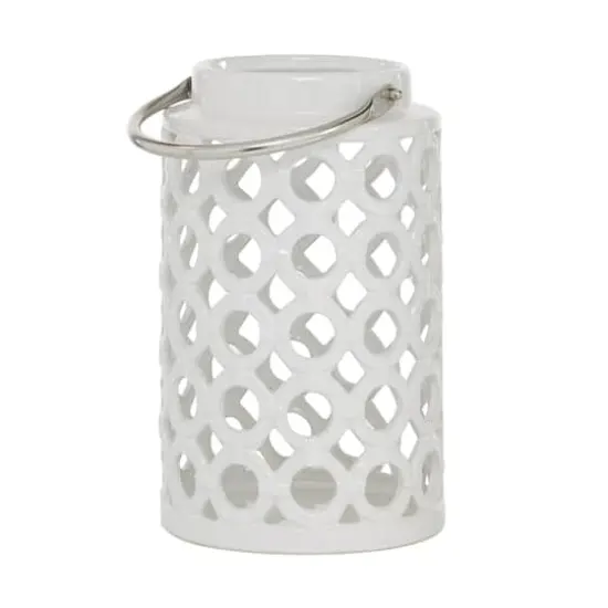 White Ceramic Contemporary Candle Holder Lantern, 11" x 7" x 8" {3}