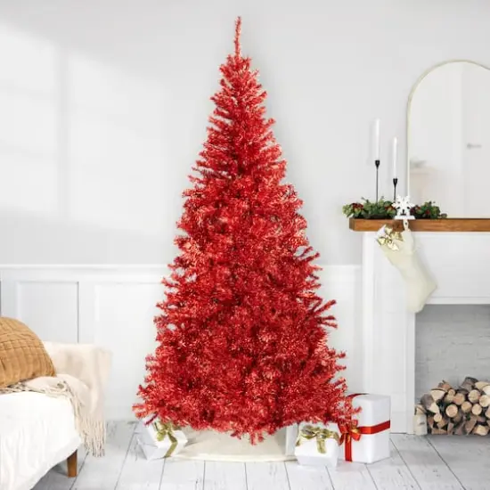7ft. Unlit Red Artificial Tinsel Christmas Tree {3}