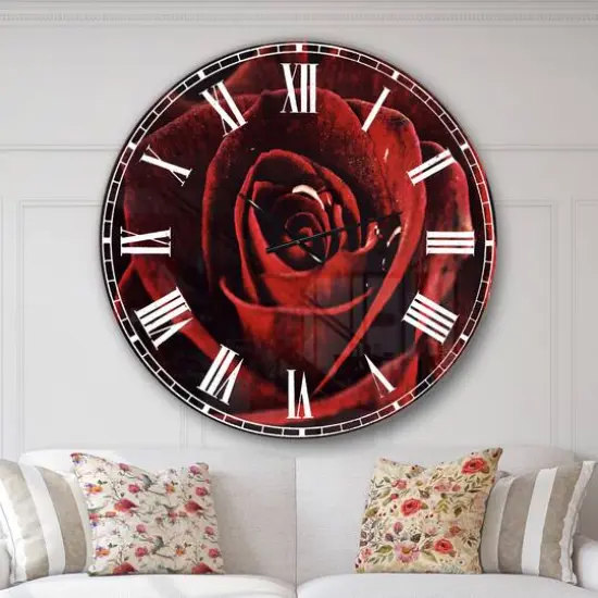 Designart 'Red Rose With Raindrops On Black Traditional Wall Clock {3}