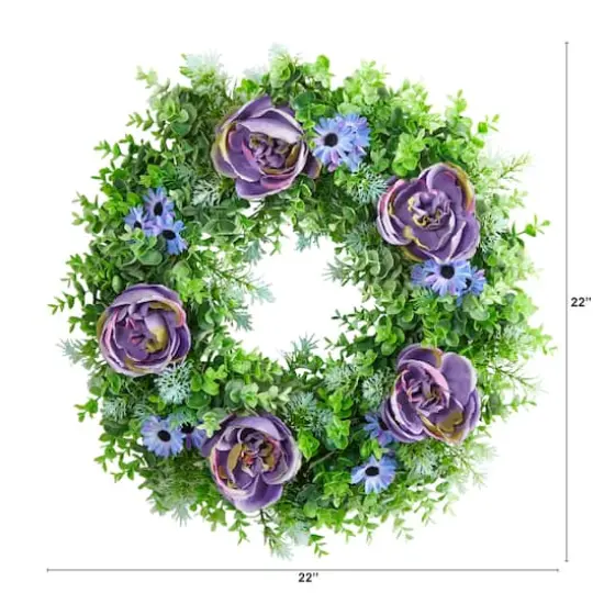 22" Purple Rose, Blue Daisy & Greens Wreath {5}