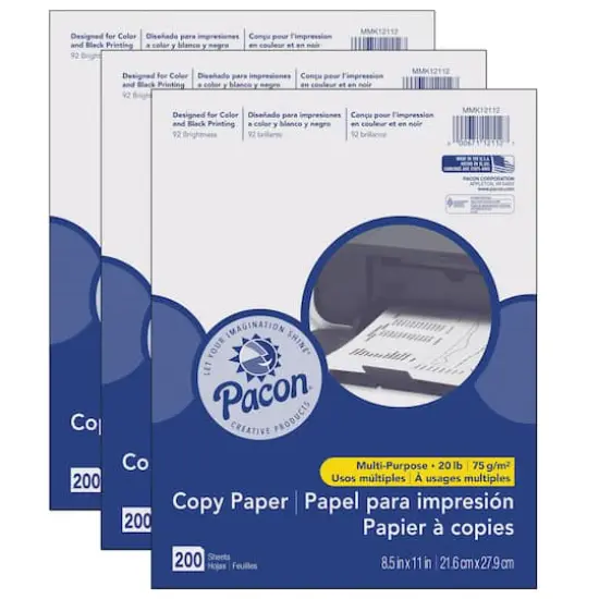Pacon&reg; White Multi-Purpose 8.5" x 11" Paper, 3 Packs of 200 {1}
