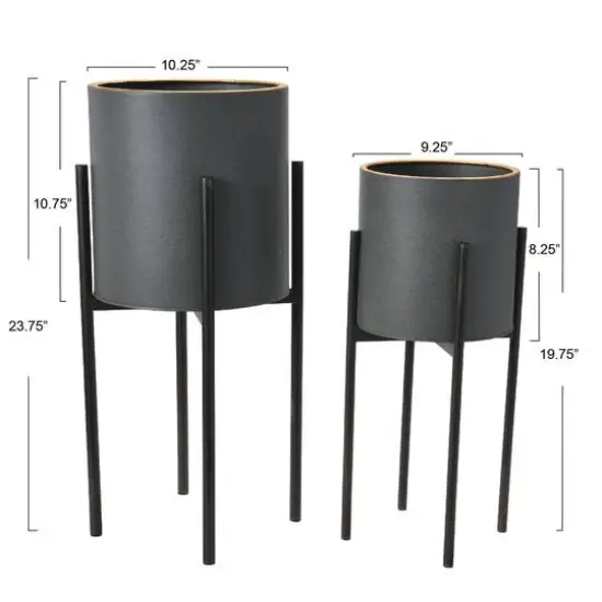 Hello Honey&reg; Charcoal Grey & Black Boho Metal Planters with Gold Rim & Stands Set {7}