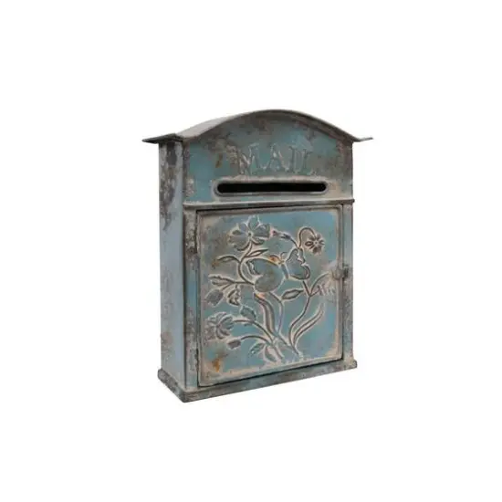 Hello Honey&reg; 12" Distressed Blue Embossed Tin Mail Box {6}