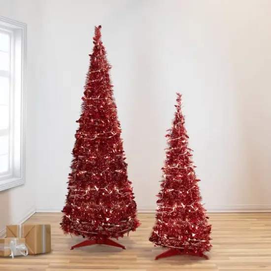 4ft. Pre-Lit Red Pop-Up Tinsel Artificial Christmas Tree, Clear Lights {3}