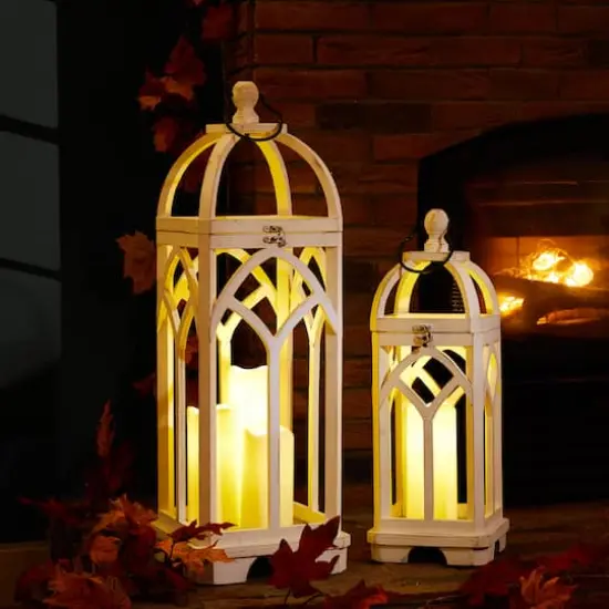 Glitzhome&reg; Wash White Farmhouse Wooden Church Window Frame Lanterns, 2ct. {3}