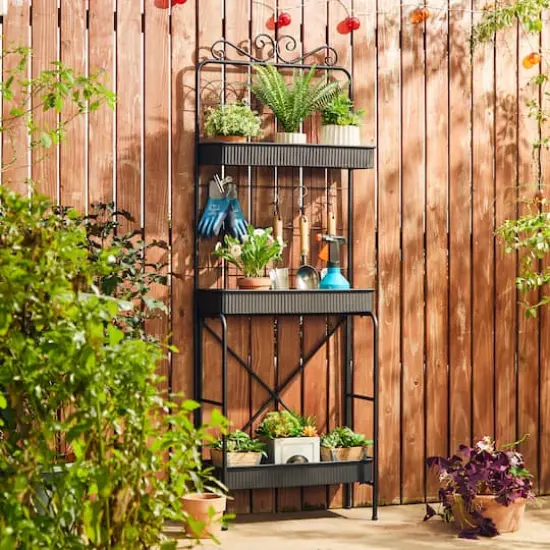 Glitzhome&reg; 68" 3-Tier Black Metal Shelf Planter Stand {3}