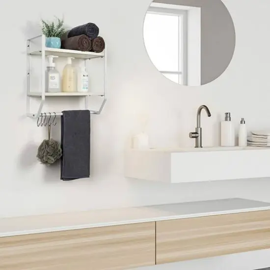 2-Layer Wall Mounted Rustic Shelves with Iron Towel Bar White {8}