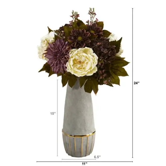 24" Peony, Hydrangea & Dahlia Arrangement in Stoneware Vase {4}