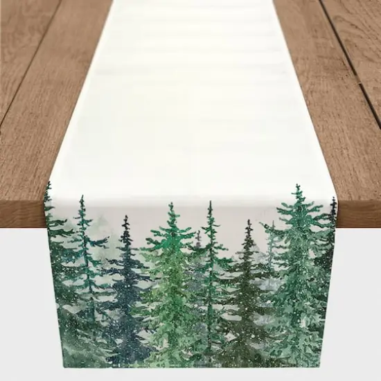 90" Winter Watercolor Pine Forest Poly Twill Table Runner {1}