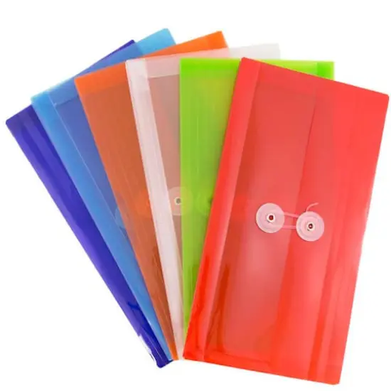 JAM Paper 5.25" x 10" Assorted Button & String Tie Closure Plastic Envelopes, 6ct. {4}