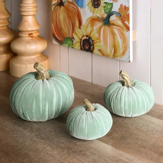 Glitzhome&reg; Mint Green Velvet Pumpkins Set {3}