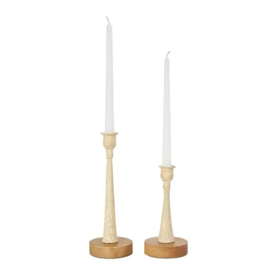 Cream Metal Textured Tapered Taper Candle Holder with Brown Wood Bases Set {7}