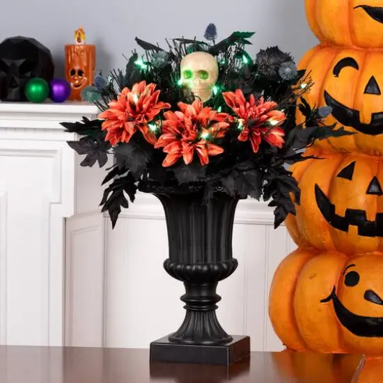 20" Boo-tiful Orange Dahlia LED Halloween Centerpiece in Black Urn {3}