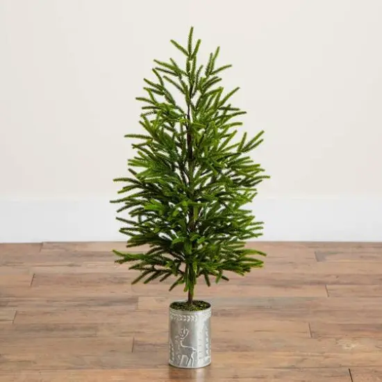 32in. Artificial Real Touch Norfolk Island Pine in Christmas Tin Metal Planter with Natural Look {7}