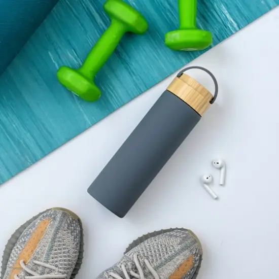 JoyJolt&reg; 20oz. Glass Water Bottle with Carry Strap & Non Slip Silicone Sleeve Gray {6}