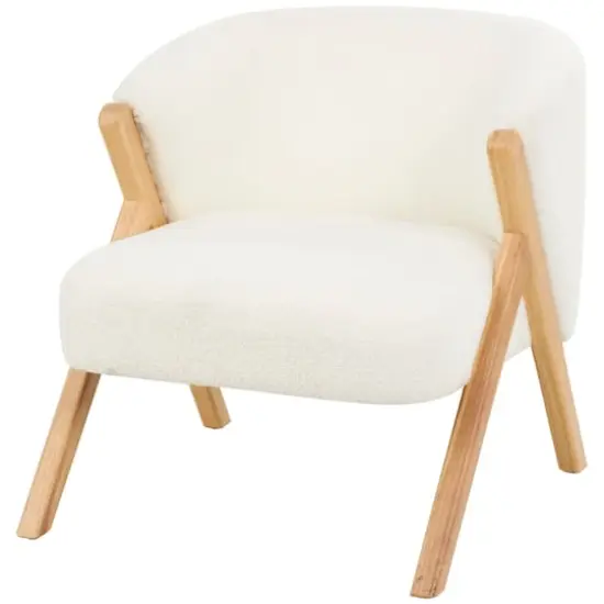 White Polyester Rounded Boucle Accent Chair with Angled Wooden Legs {1}
