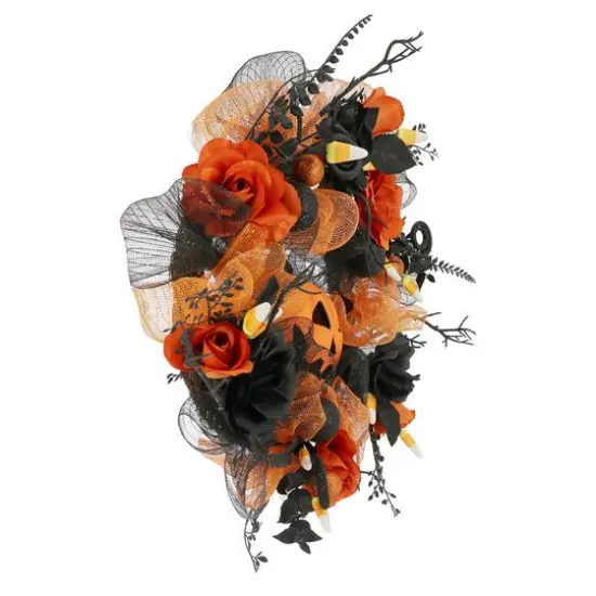 24" Orange & Black Jack-o'-Lantern & Roses Wreath by Ashland® {4}