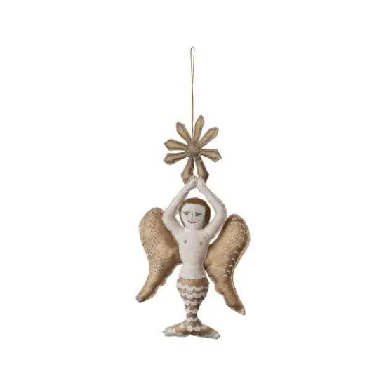 Hello Honey&reg; 9.5" Cream & Gold Handmade Canvas & Wool Felt Angel Ornament with Embroidery {1}