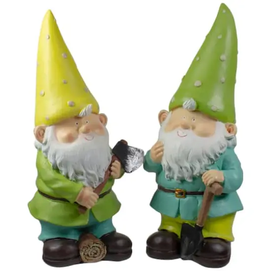 12.25" Green & Yellow Gnome Outdoor Garden Statue Set {4}