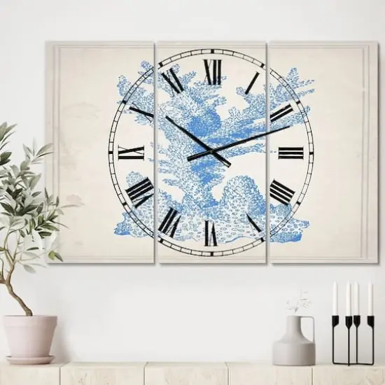 Designart Nautical & Coastal Blue Coral 3 Panel Large Wall Clock {3}
