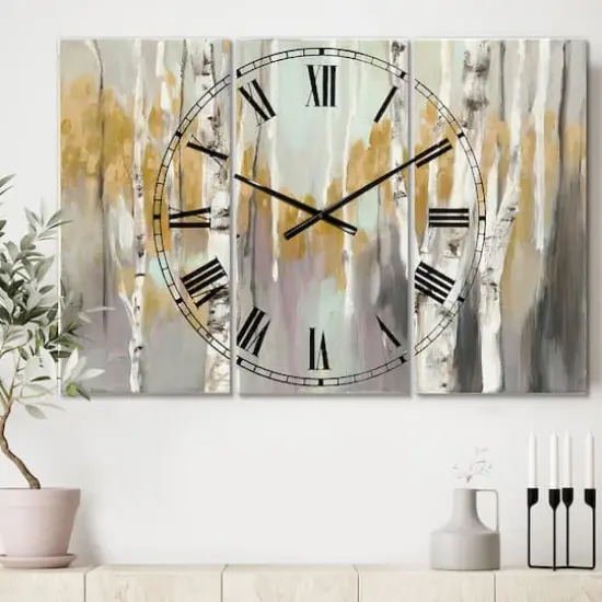 Designart Silver & Yellow Birch Forest Farmhouse 3 Panel Wall Clock {3}
