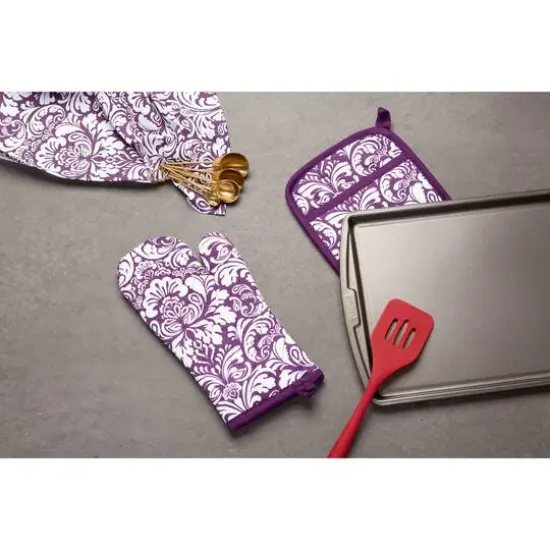 DII&reg; Damask Oven Mitt & Potholder Set Eggplant {7}