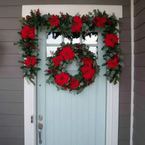 9ft. Pre-Lit LED Christmas Poinsettia Artificial Garland {5}