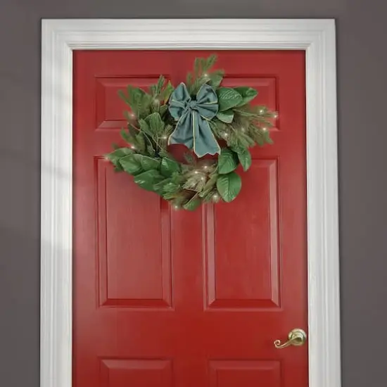 24'' LED Magnolia Mix Pine Wreath with Fabric Bow {3}