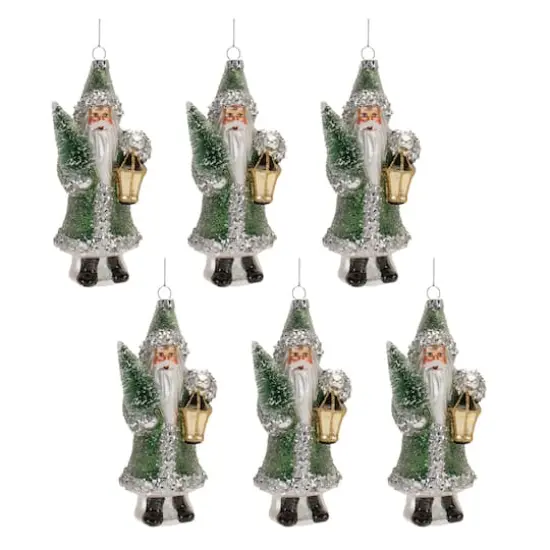 6.5" Green Glittered Glass Santa Ornaments, 6ct. {1}