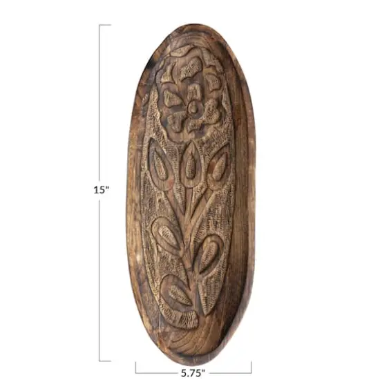 Hello Honey&reg; 15" Natural Boho Decorative Wood Tray with Carved Floral Design {8}