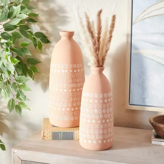 Set of 2 Pink Stoneware Rustic Vases, 15" x 5" x 5" {8}