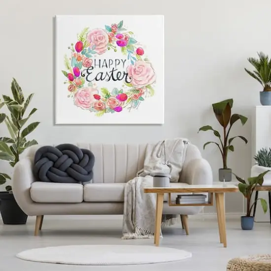 Stupell Industries Happy Easter Vivid Pink Floral Blossom Border Canvas Wall Art {3}