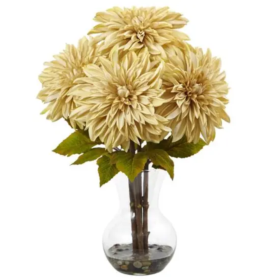 17" Cream Dahlia Silk Arrangement with Glass Vase {1}