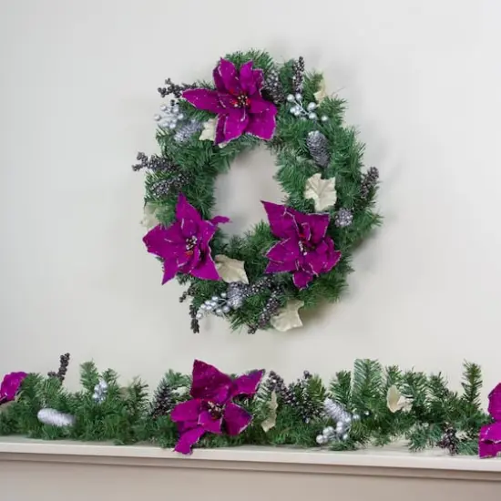 Two-Tone Pine with Purple Poinsettias Berries & Pine Cones Garland, Unlit {5}