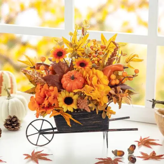 Glitzhome&reg; 14" Fall Floral Cart Centerpiece {5}