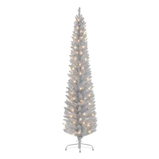 6ft. Pre-Lit Silver Tinsel Artificial Christmas Tree, Clear Lights {1}