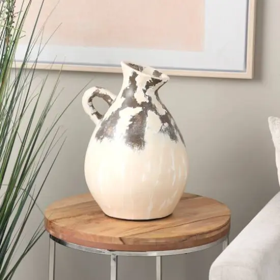 16.5" Cream Ceramic Vase with Curved Handle {9}