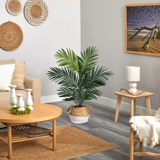 4ft. Kentia Palm Artificial Tree in Boho Chic Handmade Cotton & Jute White Woven Planter {5}
