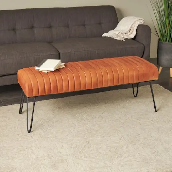 4ft. Brown Leather Upholstered Bench with Hairpin Legs {3}